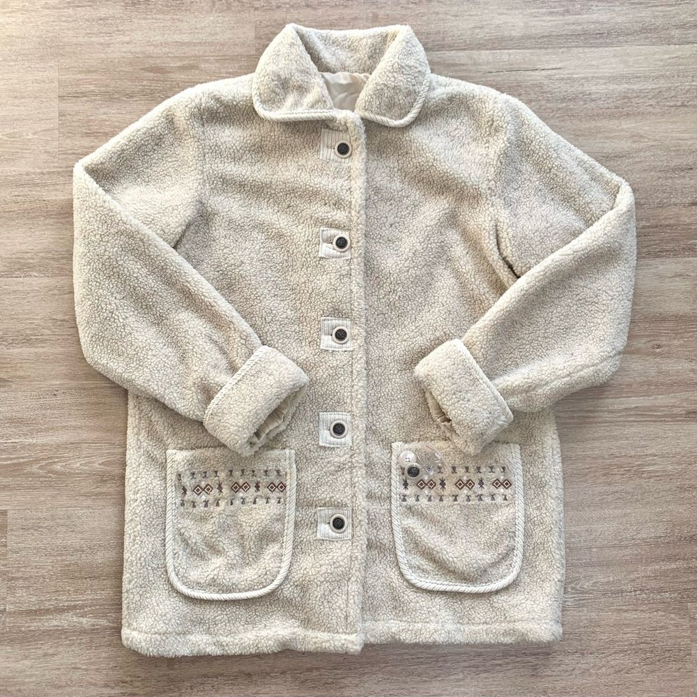 Vintage Tudor Court by Haband Embroidered Sherpa Teddy Coat Beige Small NWT